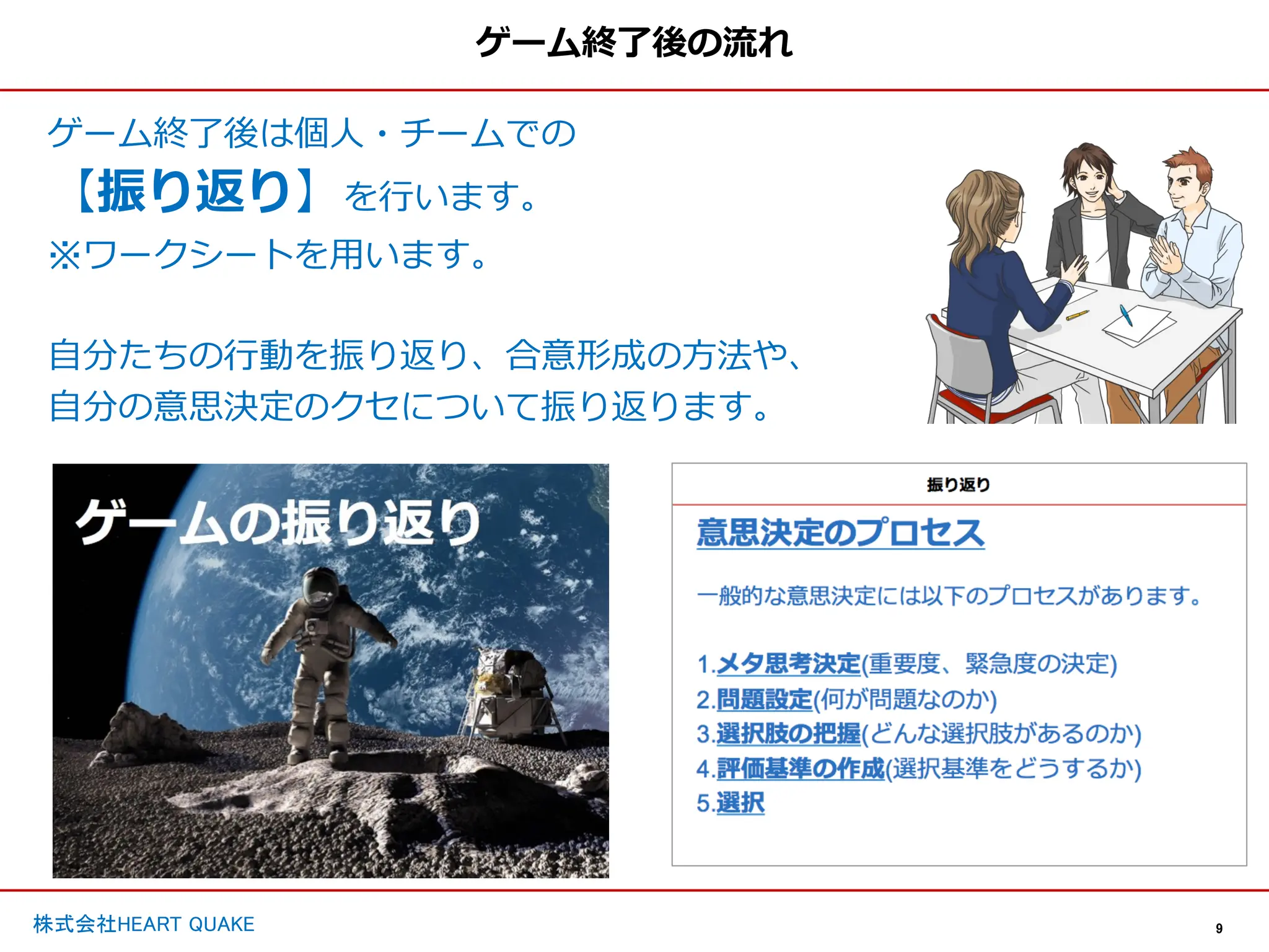 9
株式会社HEART QUAKE
ゲーム終了後の流れ
ゲーム終了後は個⼈・チームでの
【振り返り】を⾏います。
※ワークシートを⽤います。
⾃分たちの⾏動を振り返り、合意形成の⽅法や、
⾃分の意思決定のクセについて振り返ります。
 