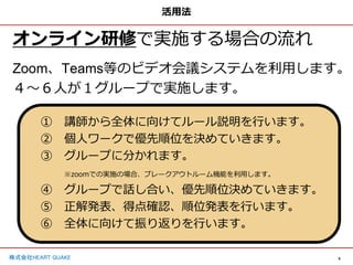 4
株式会社HEART QUAKE
活用法
オンライン研修で実施する場合の流れ
Zoom、Teams等のビデオ会議システムを利用します。
４〜６人が１グループで実施します。
① 講師から全体に向けてルール説明を行います。
② 個人ワークで優先順位を決めていきます。
③ グループに分かれます。
※zoomでの実施の場合、ブレークアウトルーム機能を利用します。
④ グループで話し合い、優先順位決めていきます。
⑤ 正解発表、得点確認、順位発表を行います。
⑥ 全体に向けて振り返りを行います。
 
