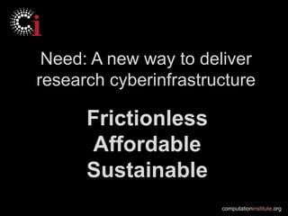 Need: A new way to deliver
research cyberinfrastructure

      Frictionless
      Affordable
      Sustainable
                       computationinstitute.org
 