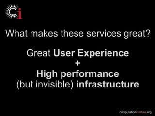 What makes these services great?

    Great User Experience
                  +
       High performance
  (but invisible) infrastructure

                           computationinstitute.org
 