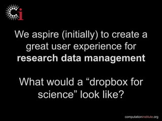 We aspire (initially) to create a
  great user experience for
research data management

 What would a “dropbox for
   science” look like?
                           computationinstitute.org
 