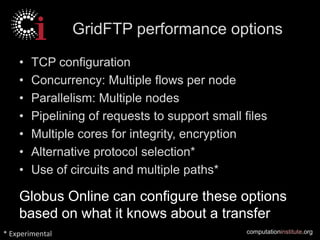 GridFTP performance options

    •   TCP configuration
    •   Concurrency: Multiple flows per node
    •   Parallelism: Multiple nodes
    •   Pipelining of requests to support small files
    •   Multiple cores for integrity, encryption
    •   Alternative protocol selection*
    •   Use of circuits and multiple paths*

    Globus Online can configure these options
    based on what it knows about a transfer
* Experimental                                   computationinstitute.org
 