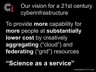 Our vision for a 21st century
     cyberinfrastructure
To provide more capability for
more people at substantially
lower cost by creatively
aggregating (“cloud”) and
federating (“grid”) resources

“Science as a service”
                           computationinstitute.org
 