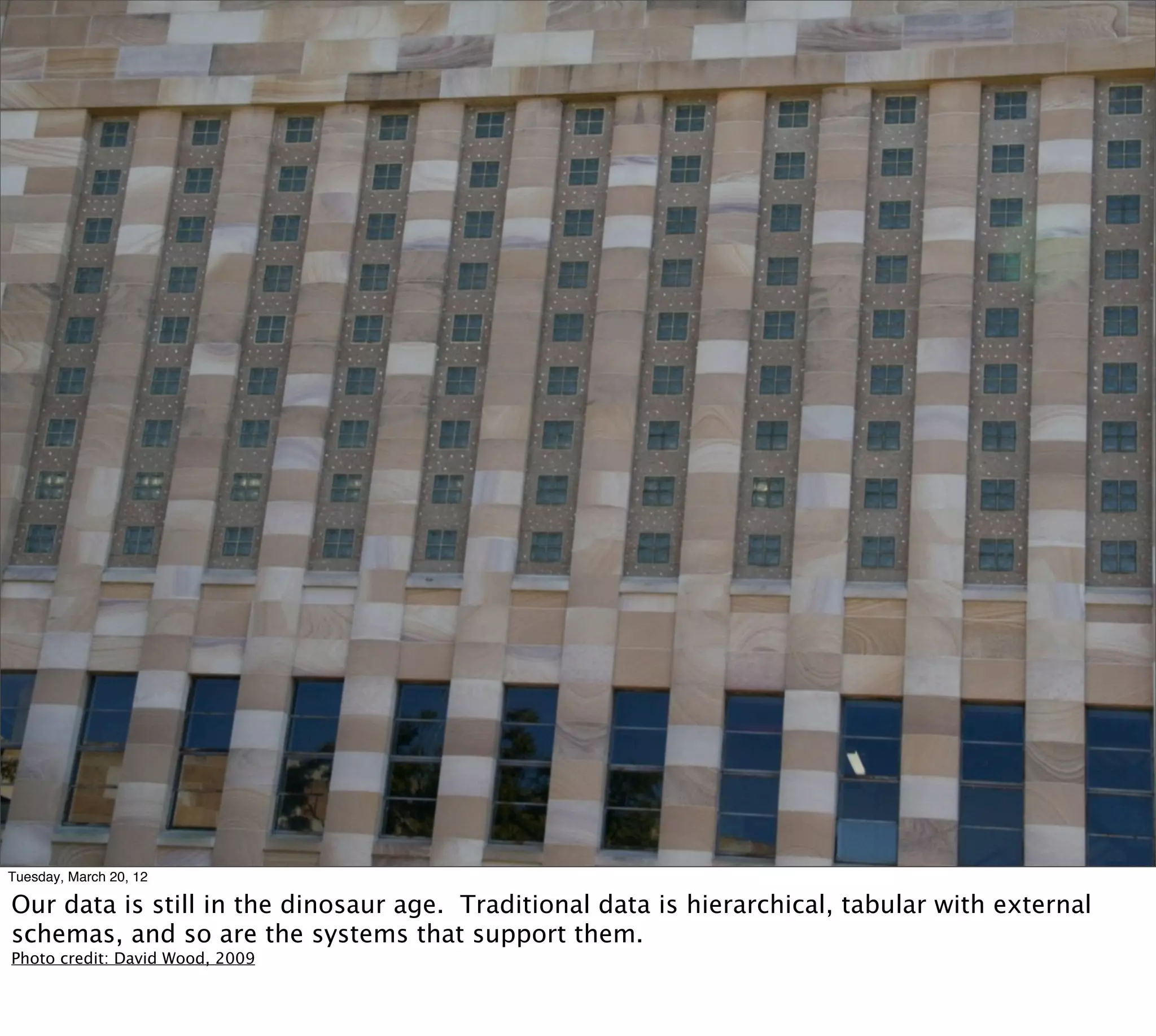 Tuesday, March 20, 12

Our data is still in the dinosaur age. Traditional data is hierarchical, tabular with external
schemas, and so are the systems that support them.
Photo credit: David Wood, 2009
 