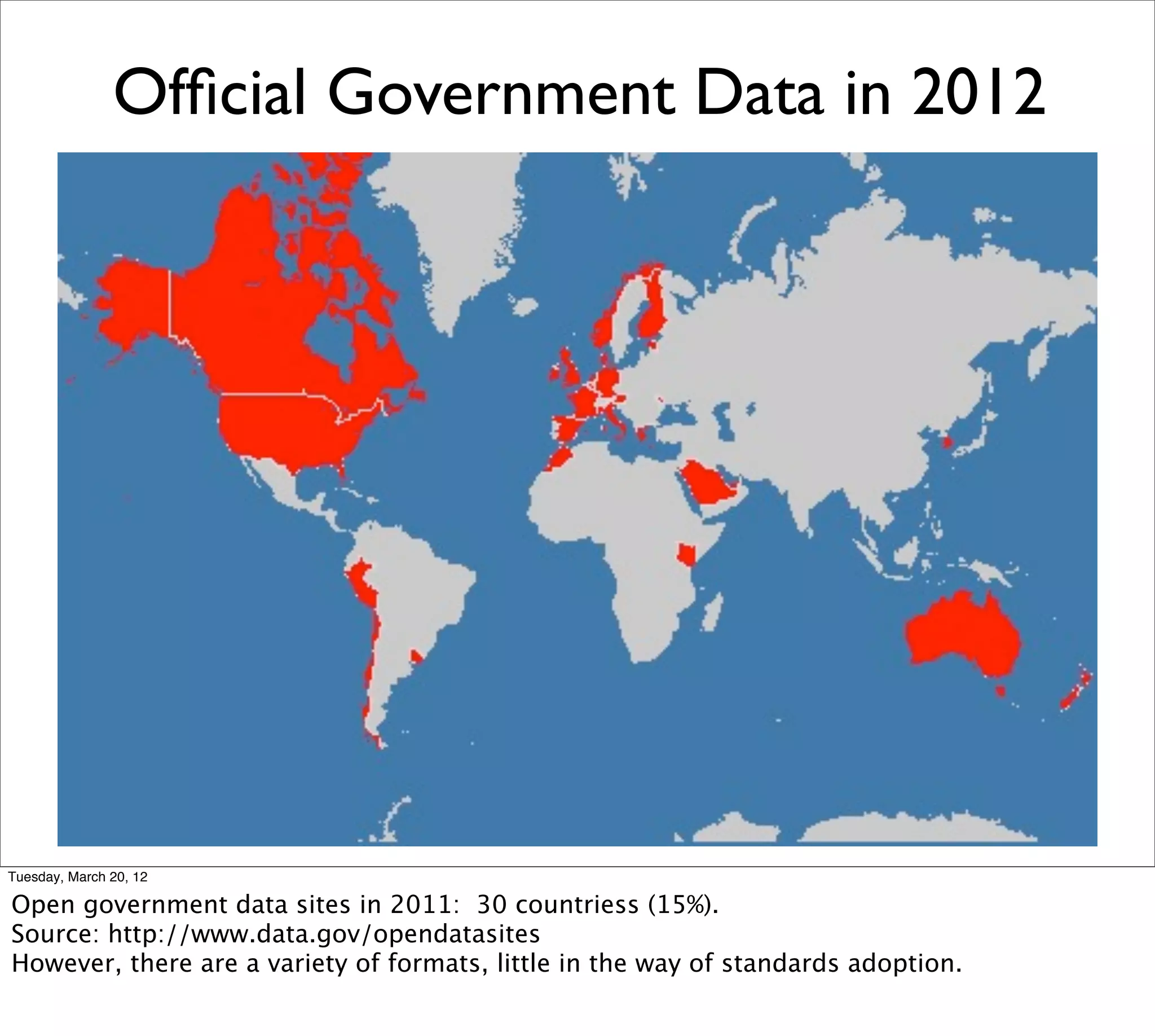 Ofﬁcial Government Data in 2012




Tuesday, March 20, 12

Open government data sites in 2011: 30 countriess (15%).
Source: http://www.data.gov/opendatasites
However, there are a variety of formats, little in the way of standards adoption.
 