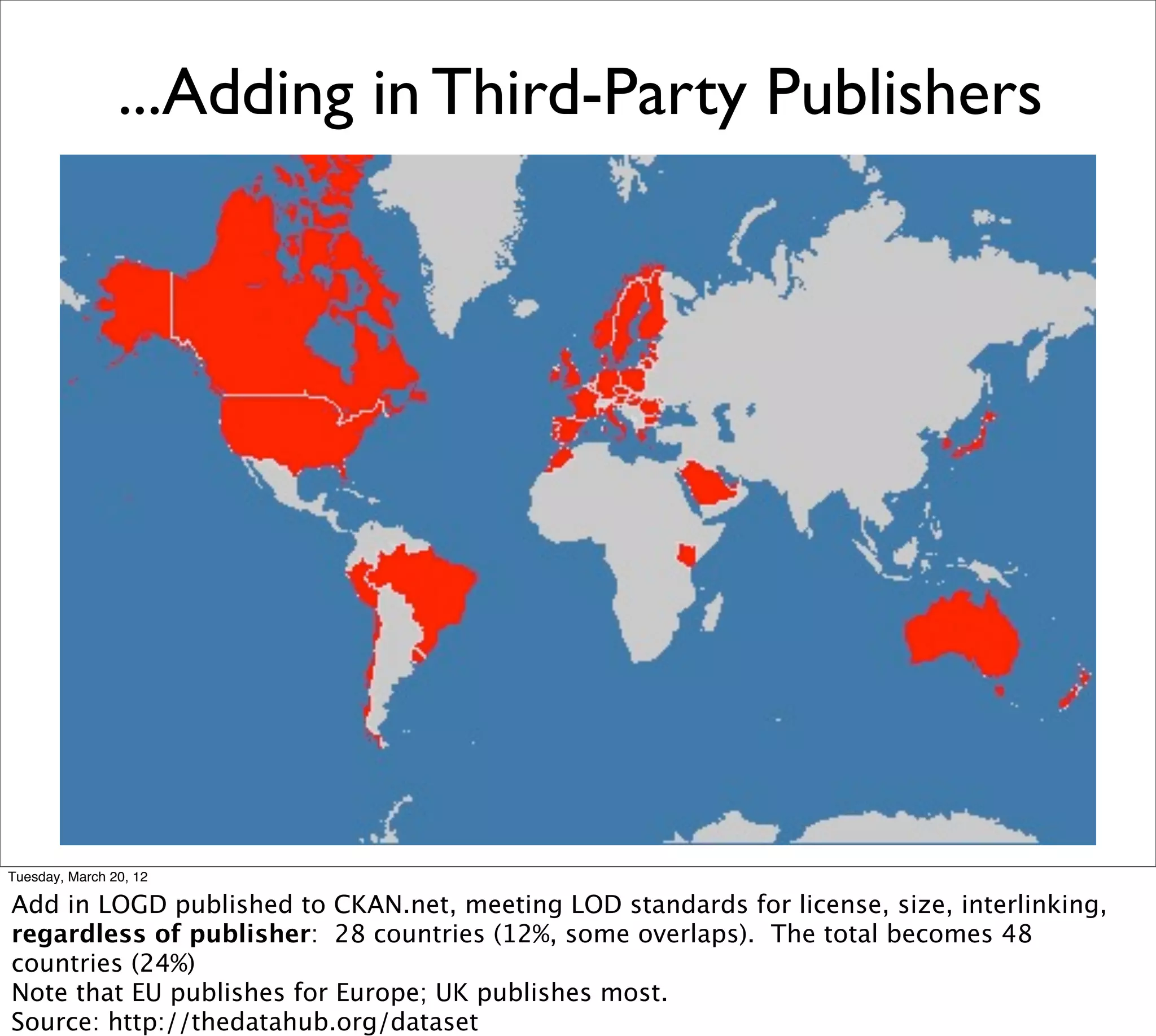 ...Adding in Third-Party Publishers




Tuesday, March 20, 12

Add in LOGD published to CKAN.net, meeting LOD standards for license, size, interlinking,
regardless of publisher: 28 countries (12%, some overlaps). The total becomes 48
countries (24%)
Note that EU publishes for Europe; UK publishes most.
Source: http://thedatahub.org/dataset
 