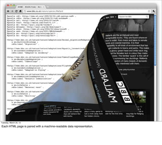 Tuesday, March 20, 12

Each HTML page is paired with a machine-readable data representation.
 