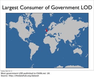 Largest Consumer of Government LOD




Tuesday, March 20, 12

Most government LOD published to CKAN.net: UK
Source: http://thedatahub.org/dataset
 