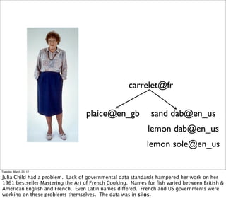 carrelet@fr


                                  plaice@en_gb               sand dab@en_us
                                                           lemon dab@en_us
                                                           lemon sole@en_us

Tuesday, March 20, 12

Julia Child had a problem. Lack of governmental data standards hampered her work on her
1961 bestseller Mastering the Art of French Cooking. Names for ﬁsh varied between British &
American English and French. Even Latin names differed. French and US governments were
working on these problems themselves. The data was in silos.
 