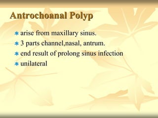 Antrochoanal Polyp 
arise from maxillary sinus. 
3 parts channel,nasal, antrum. 
end result of prolong sinus infection 
unilateral 
 