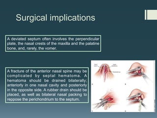 Surgical implications
A deviated septum often involves the perpendicular
plate, the nasal crests of the maxilla and the palatine
bone, and, rarely, the vomer.
A fracture of the anterior nasal spine may be
complicated by septal hematoma. A
hematoma should be drained bilaterally;
anteriorly in one nasal cavity and posteriorly
in the opposite side. A rubber drain should be
placed, as well as bilateral nasal packing to
reppose the perichondrium to the septum.
 