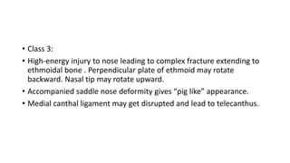 • Class 3:
• High-energy injury to nose leading to complex fracture extending to
ethmoidal bone . Perpendicular plate of ethmoid may rotate
backward. Nasal tip may rotate upward.
• Accompanied saddle nose deformity gives “pig like” appearance.
• Medial canthal ligament may get disrupted and lead to telecanthus.
 