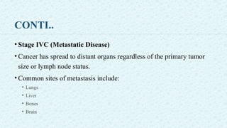 CONTI..
• Stage IVC (Metastatic Disease)
• Cancer has spread to distant organs regardless of the primary tumor
size or lymph node status.
• Common sites of metastasis include:
• Lungs
• Liver
• Bones
• Brain
 