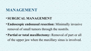 MANAGEMENT
•SURGICAL MANAGEMENT
•Endoscopic endonasal resection: Minimally invasive
removal of small tumors through the nostrils.
•Partial or total maxillectomy: Removal of part or all
of the upper jaw when the maxillary sinus is involved.
 