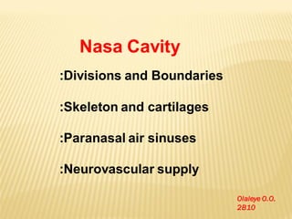 Nasa Cavity
:Divisions and Boundaries

:Skeleton and cartilages

:Paranasal air sinuses

:Neurovascular supply

                            Olaleye O.O.
                            2B10
 