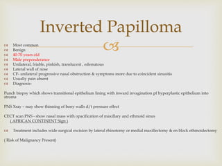  Most common
 Benign
 40-70 years old
 Male preponderance
 Unilateral, friable, pinkish, translucent , edematous
 Lateral wall of nose
 CF- unilateral progressive nasal obstruction & symptoms more due to coincident sinusitis
 Usually pain absent
 Diagnosis-
Punch biopsy which shows transitional epithelium lining with inward invagination pf hyperplastic epithelium into
stroma
PNS Xray – may show thinning of bony walls d/t pressure effect
CECT scan PNS - show nasal mass with opacification of maxillary and ethmoid sinus
( AFRICAN CONTINENT Sign )
 Treatment includes wide surgical excision by lateral rhinotomy or medial maxillectomy & en block ethmoidectomy
( Risk of Malignancy Present)
Inverted Papilloma
 
