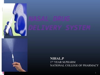 NASAL DRUG
DELIVERY SYSTEM
1
NIHAL.P
1ST
YEAR M.PHARM
NATIONAL COLLEGE OF PHARMACY
 