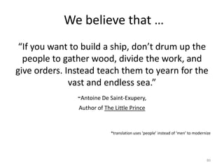 “If you want to build a ship, don’t drum up the people to gather wood, divide the work, and give orders. Instead teach them to yearn for the vast and endless sea.”-Antoine De Saint-Exupery,Author of The Little Prince*translation uses ‘people’ instead of ‘men’ to modernize80We believe that …