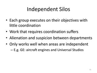 Independent SilosEach group executes on their objectives with little coordinationWork that requires coordination suffersAlienation and suspicion between departmentsOnly works well when areas are independentE.g. GE: aircraft engines and Universal Studios91