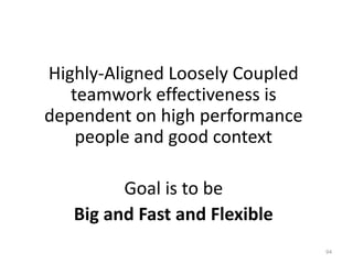 Highly-Aligned Loosely Coupled teamwork effectiveness is dependent on high performance people and good contextGoal is to be Big and Fast and Flexible94