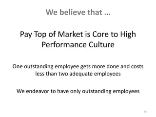 We believe that …Pay Top of Market is Core to High Performance CultureOne outstanding employee gets more done and costs less than two adequate employeesWe endeavor to have only outstanding employees95