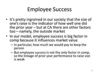 Employee SuccessIt’s pretty ingrained in our society that the size of one’s raise is the indicator of how well one did the prior year – but at CA there are other factors too – namely, the outside marketIn our model, employee success is big factor in comp because it influences market valueIn particular, how much we would pay to keep the personBut employee success is not the only factor in comp, so the linkage of prior year performance to raise size is weak97