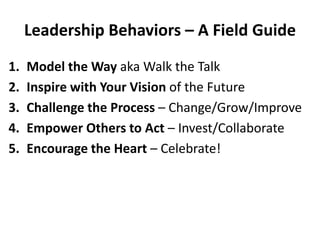 Leadership Behaviors – A Field GuideModel the Way aka Walk the TalkInspire with Your Vision of the FutureChallenge the Process – Change/Grow/ImproveEmpower Others to Act – Invest/CollaborateEncourage the Heart – Celebrate!