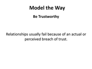 Model the WayBe TrustworthyRelationships usually fail because of an actual or perceived breach of trust. 