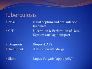 Tuberculosis
 Nose:
 C/F:

 Diagnosis:

Nasal Septum and ant. inferior
turbinate
Ulceration & Perforation of Nasal
Septum cartilaginous part

 Treatment:

Biopsy & AFS
Anti-tubercular drugs

 Skin:

Lupus Vulgaris “apple-jelly”

 