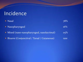 Incidence
 Nasal

78%

 Nasopharyngeal

16%

 Mixed (naso-nasopharyngeal, nasolacrimal)

05%

 Bizarre (Conjunctival / Tarsal / Cutaneous)

rare

 