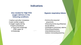 Indications
Hypoxic respiratory failure
-Community-acquired
pneumonia
-Viral pneumonia (e.g.influenza)
-Acute asthma
-Cardiogenic pulmonary edema
-Pulmonaryembolism
-Interstitialpneumonia
-Carbon monoxidepoisoning
Also needed for High FiO2
oxygen delivery in the
following conditions
-
-
1-before and after intubation
2-post cardiac surgery
3-oxygen supply during
invasive procedures
a-Trans-oral endoscopy
(TOE) upper GI
b-Endoscopy
 