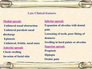 Medial spread:
Unilateral nasal obstruction
Unilateral purulent nasal
discharge
Epistaxis
Unilateral, friable, nasal mass
Anterior spread:
Cheek swelling
Invasion of facial skin
Late Clinical features
Inferior spread:
Expansion of alveolus with dental
pain
Loosening of teeth, poor fitting of
dentures
Swelling in hard palate or alveolus
Superior spread:
Proptosis
Diplopia
Ocular pain
 