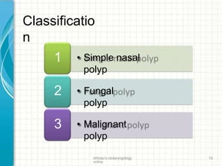 • Simple nasal
polyp
1
• Fungal
polyp
2
• Malignant
polyp
3
drtbalu's otolaryngology
online
10
Classificatio
n
 