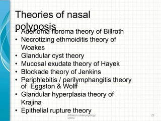 Theories of nasal
polyposis
drtbalu's otolaryngology
online
22
• Adenoma fibroma theory of Billroth
• Necrotizing ethmoiditis theory of
Woakes
• Glandular cyst theory
• Mucosal exudate theory of Hayek
• Blockade theory of Jenkins
• Periphlebitis / perilymphangitis theory
of Eggston & Wolff
• Glandular hyperplasia theory of
Krajina
• Epithelial rupture theory
 
