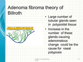 Adenoma fibroma theory of
Billroth
• Large number of
tubular glands seen
in polypoidal tissue
• Increase in the
number of these
glands causing
adenomatous
change could be the
cause for nasal
polyposis
drtbalu's otolaryngology
online
23
 