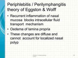 Periphlebitis / Perilymphangitis
theory of Eggston & Wolff
drtbalu's otolaryngology
online
28
• Recurrent inflammation of nasal
mucosa blocks intracellular fluid
transport mechanism
• Oedema of lamina propria
• These changes are diffuse and
cannot account for localized nasal
polyp
 