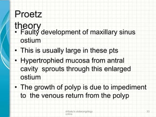Proetz
theory
drtbalu's otolaryngology
online
33
• Faulty development of maxillary sinus
ostium
• This is usually large in these pts
• Hypertrophied mucosa from antral
cavity sprouts through this enlarged
ostium
• The growth of polyp is due to impediment
to the venous return from the polyp
 