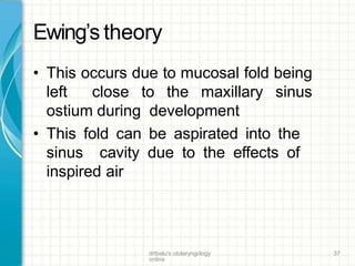 Ewing’s theory
drtbalu's otolaryngology
online
37
• This occurs due to mucosal fold being
left close to the maxillary sinus
ostium during development
• This fold can be aspirated into the
sinus cavity due to the effects of
inspired air
 