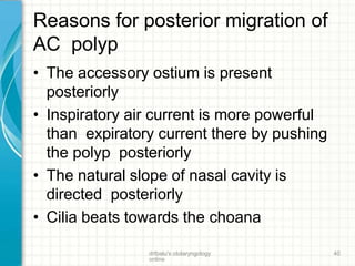 Reasons for posterior migration of
AC polyp
drtbalu's otolaryngology
online
40
• The accessory ostium is present
posteriorly
• Inspiratory air current is more powerful
than expiratory current there by pushing
the polyp posteriorly
• The natural slope of nasal cavity is
directed posteriorly
• Cilia beats towards the choana
 