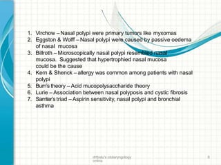 1. Virchow – Nasal polypi were primary tumors like myxomas
2. Eggston & Wolff – Nasal polypi were caused by passive oedema
of nasal mucosa
3. Billroth – Microscopically nasal polypi resembled nasal
mucosa. Suggested that hypertrophied nasal mucosa
could be the cause
4. Kern & Shenck – allergy was common among patients with nasal
polypi
5. Burn’s theory – Acid mucopolysaccharide theory
6. Lurie – Association between nasal polyposis and cystic fibrosis
7. Samter’s triad – Aspirin sensitivity, nasal polypi and bronchial
asthma
drtbalu's otolaryngology
online
6
 