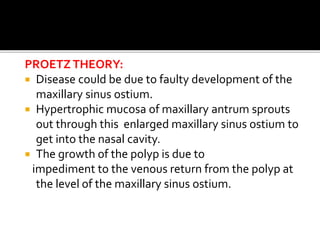 PROETZ THEORY:
 Disease could be due to faulty development of the
maxillary sinus ostium.
 Hypertrophic mucosa of maxillary antrum sprouts
out through this enlarged maxillary sinus ostium to
get into the nasal cavity.
 The growth of the polyp is due to
impediment to the venous return from the polyp at
the level of the maxillary sinus ostium.
 