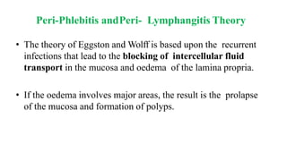 Peri-Phlebitis andPeri- Lymphangitis Theory
• The theory of Eggston and Wolff is based upon the recurrent
infections that lead to the blocking of intercellular fluid
transport in the mucosa and oedema of the lamina propria.
• If the oedema involves major areas, the result is the prolapse
of the mucosa and formation of polyps.
 