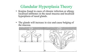 Glandular Hyperplasia Theory
• Krajina found in cases of chronic infection or allergy
localised infiltrates in the nasal mucosa and localised
hyperplasia of nasal glands.
• The glands will increase in size and cause bulging of
the mucosa.
 
