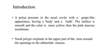 Introduction
• A polyp presents in the nasal cavity with a grape-like
appearance, having a 'body' and a 'stalk'. The surface is
smooth and the color is more yellow than the pink mucous
membrane.
• Nasal polyps originate in the upper part of the nose around
the openings to the ethmoidal sinuses.
 