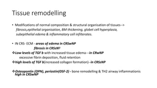 Tissue remodelling
• Modifications of normal composition & structural organisation of tissues-->
fibrosis,epithelial organisation, BM thickening, globet cell hyperplasia,
subepithelial edema & inflammatory cell infilterates.
• IN CRS- ECM - areas of edema in CRSwNP
fibrosis in CRSsNP
Low levels of TGF b with increased tissue edema---in CRwNP
excessive fibrin deposition, fluid retention
high levels of TGF b(increased collagen formation)--in CRSsNP
Osteopontin (OPN), periostin(OSF-2) - bone remodelling & TH2 airway inflammationis
high in CRSwNP
 