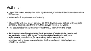 Asthma
• Upper and lower airways are lined by the same pseudostratified ciliated columnar
epithelium.
• Increased risk in presence and severity
• Of patients with late-onset asthma, 10–15% develop nasal polyps, with patients
generally developing asthma first, then polyps within 9–13 years.
• This occurs faster in aspirin-induced asthma, 2 years from the onset.
• Asthma and nasal polyps- same basic features of eosinophilia, mucus cell
hyperplasia, edema, thickened basal membrane and increased pro-
inflammatory mediators, for example cysteine leukotrienes.
• improvement in lower airway disease is observed when nasal polyps are
effectively treated.
 