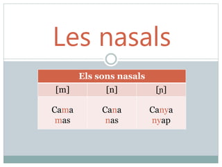 Les nasals
Els sons nasals
[m] [n] [ɲ]
Cama
mas
Cana
nas
Canya
nyap
 