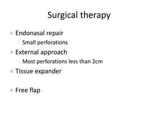 Surgical therapy
 Endonasal repair
 Small perforations
 External approach
 Most perforations less than 2cm
 Tissue expander
 Free flap
 