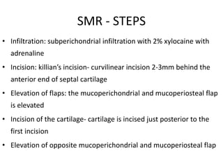 SMR - STEPS
• Infiltration: subperichondrial infiltration with 2% xylocaine with
adrenaline
• Incision: killian’s incision- curvilinear incision 2-3mm behind the
anterior end of septal cartilage
• Elevation of flaps: the mucoperichondrial and mucoperiosteal flap
is elevated
• Incision of the cartilage- cartilage is incised just posterior to the
first incision
• Elevation of opposite mucoperichondrial and mucoperiosteal flap
 