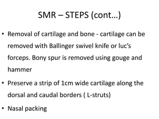SMR – STEPS (cont…)
• Removal of cartilage and bone - cartilage can be
removed with Ballinger swivel knife or luc’s
forceps. Bony spur is removed using gouge and
hammer
• Preserve a strip of 1cm wide cartilage along the
dorsal and caudal borders ( L-struts)
• Nasal packing
 